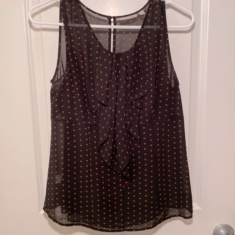 Halogen Polka Dot Sleeveless Ruffle Blouse, black, size small.